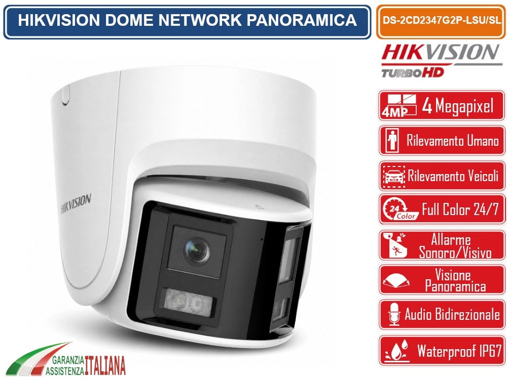 HIKVISION DS-2CD2347G2P-LSU/SL TELECAMERA IP PANORAMICA 4MP COLORVU 180° DUAL LENS CON ALLARME ATTIVO AUDIO BIDIREZIONALE WDR 130DB H.265+, IP67
