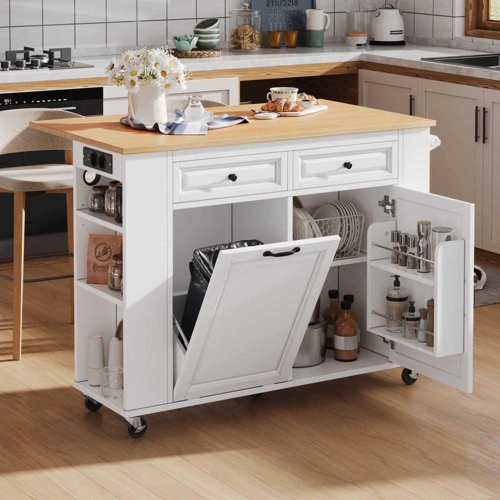 Isola da cucina con piano estensibile in MDF e PB bianco naturale con prese AC USB e USB C ruote bloccabili