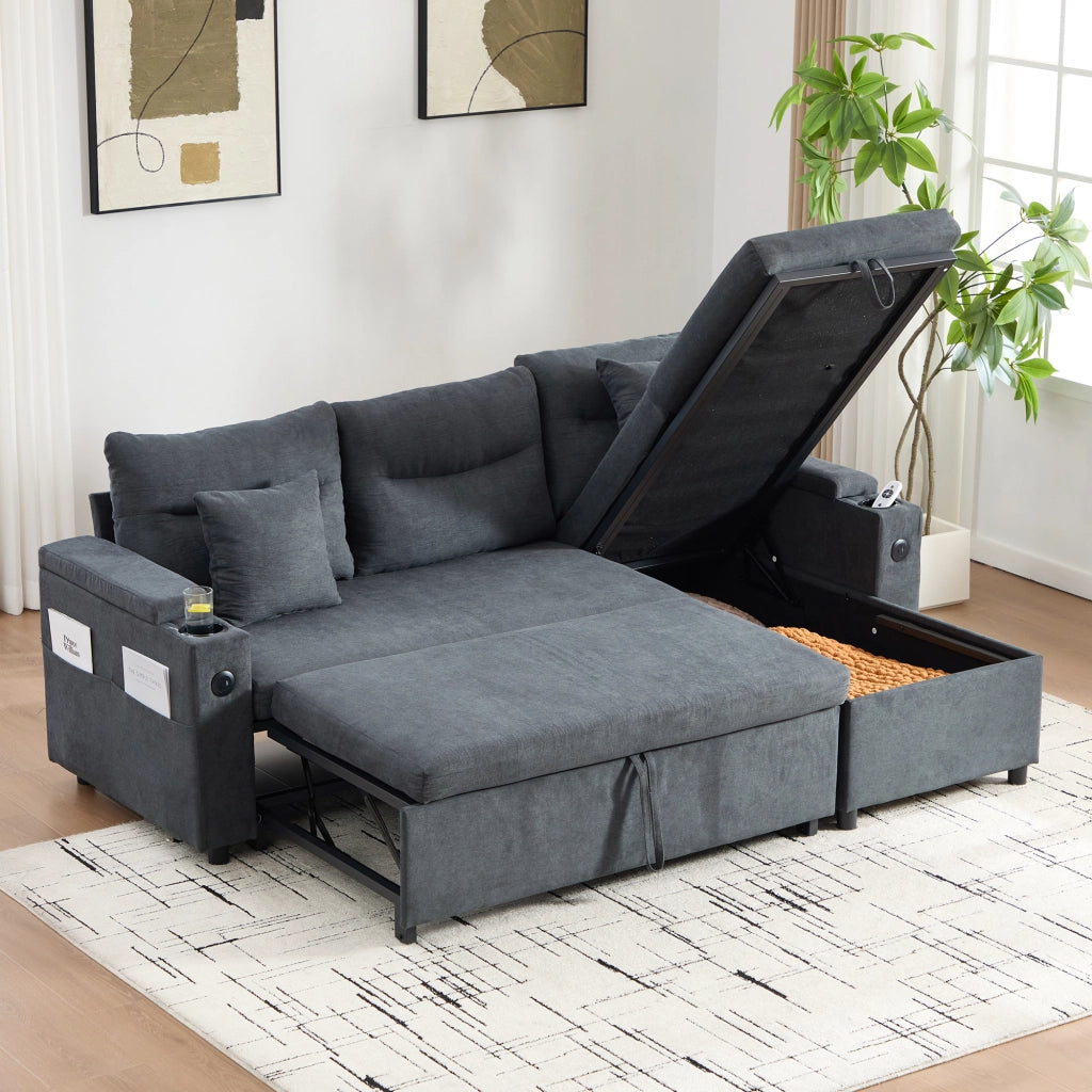 Divano letto 3 posti 212;5x136 cm con chaise longue contenitore; USB-C e portabevande; lino grigio scuro