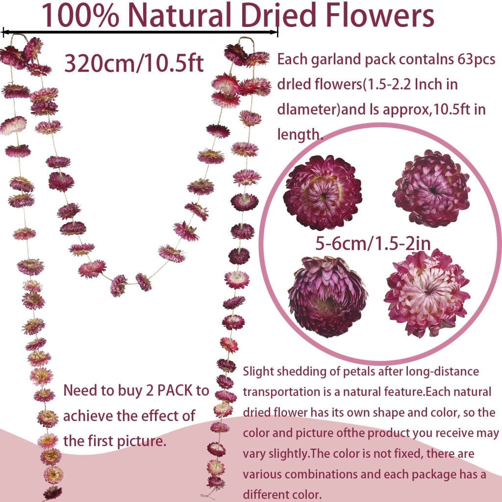 Catena di fiori di crisantemo essiccati, 63 pezzi, color viola, lunghezza 320 cm