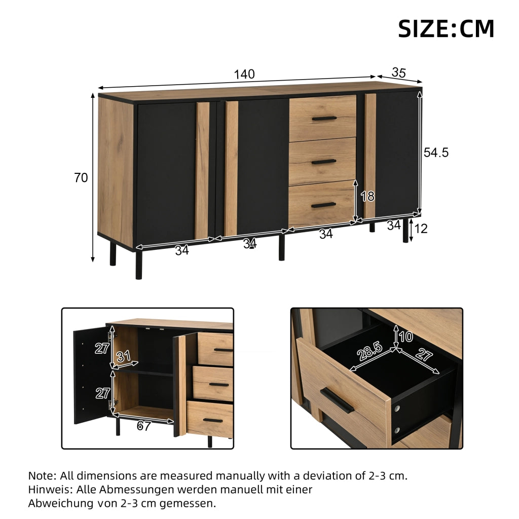 Credenza 140 × 35 × 70 cm con 3 ante e 3 cassetti in MDF nero e effetto legno con 6 gambe in metallo moderne