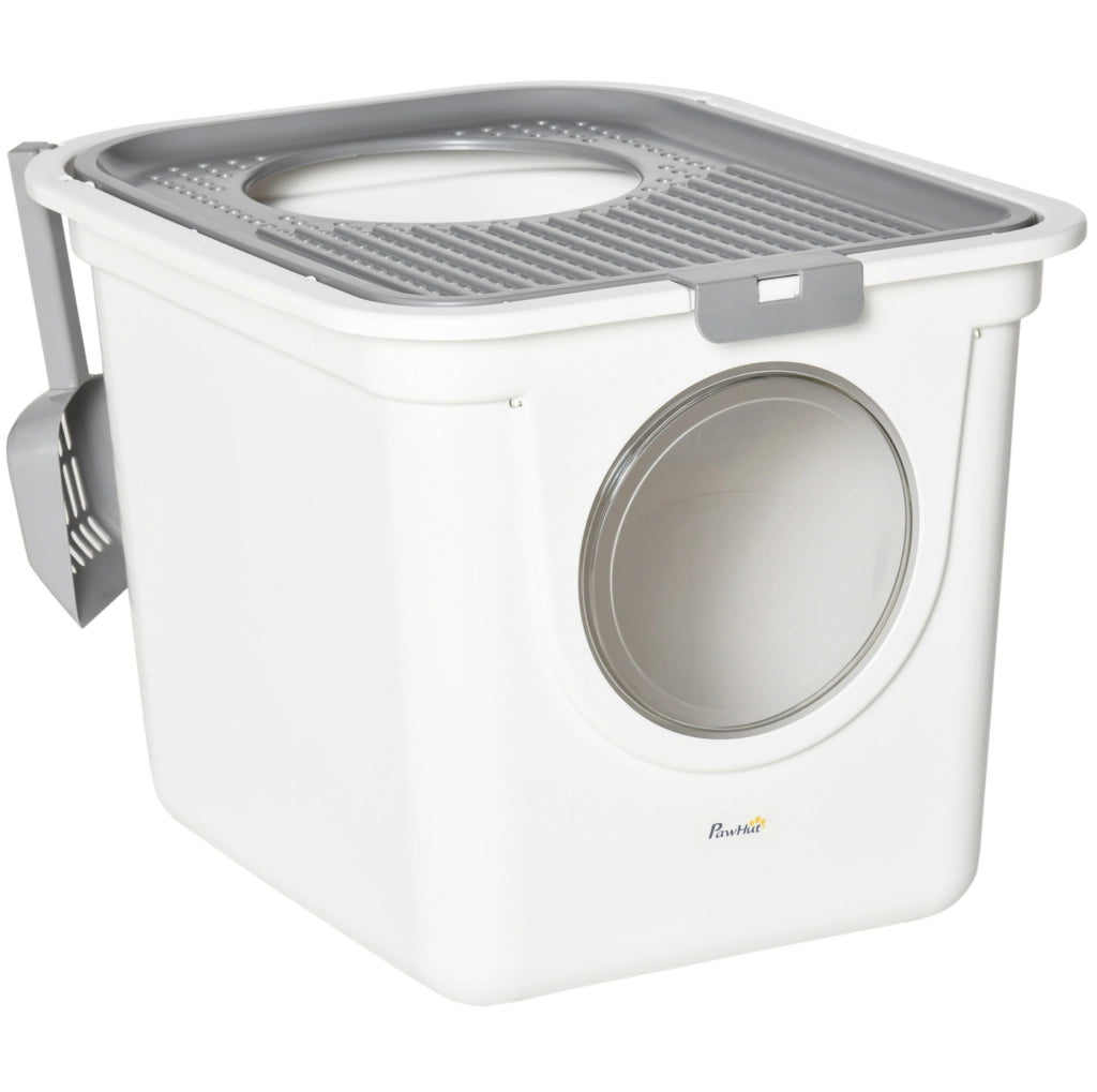 Lettiera per gatti con coperchio 44x55x39 cm bianca con paletta, interno
