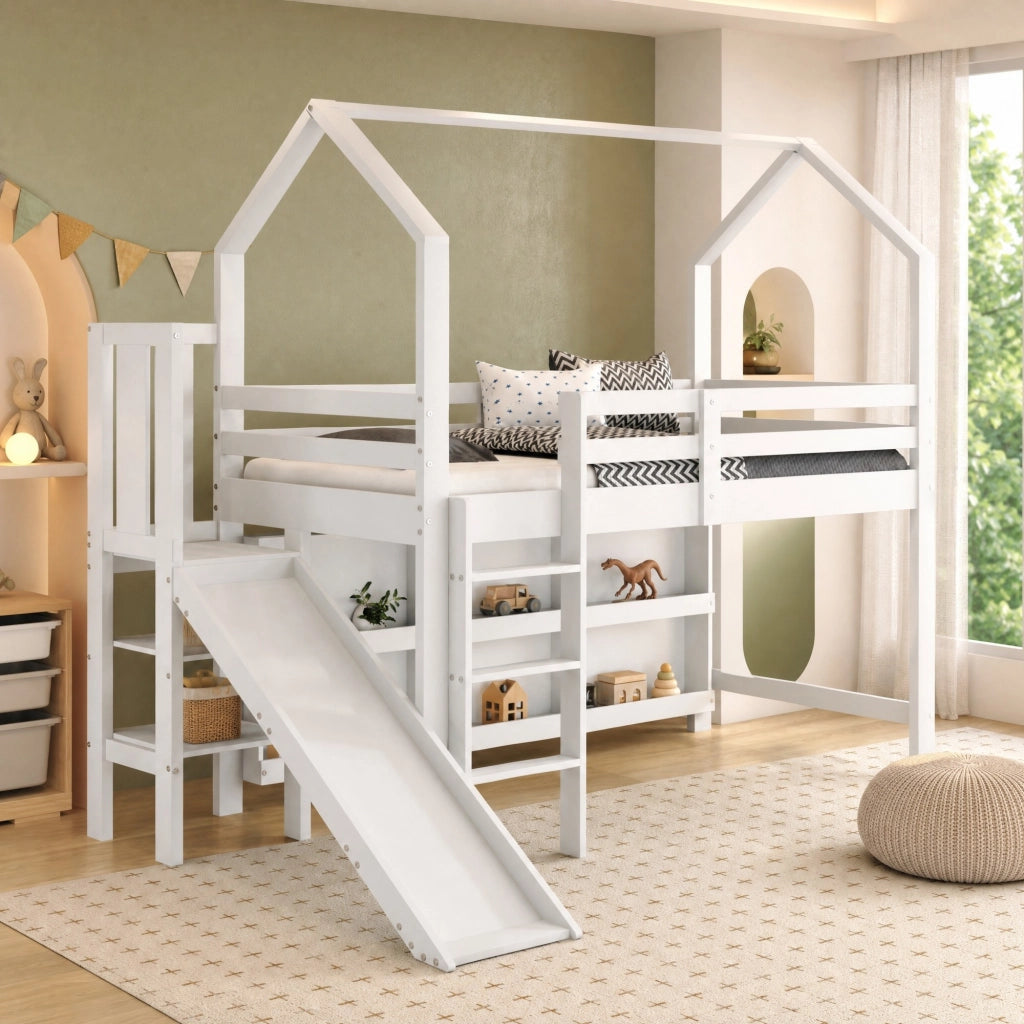 Letto singolo per bambini 90 × 200 cm con rete a doghe scivolo scale contenitori e ripiani in legno bianco