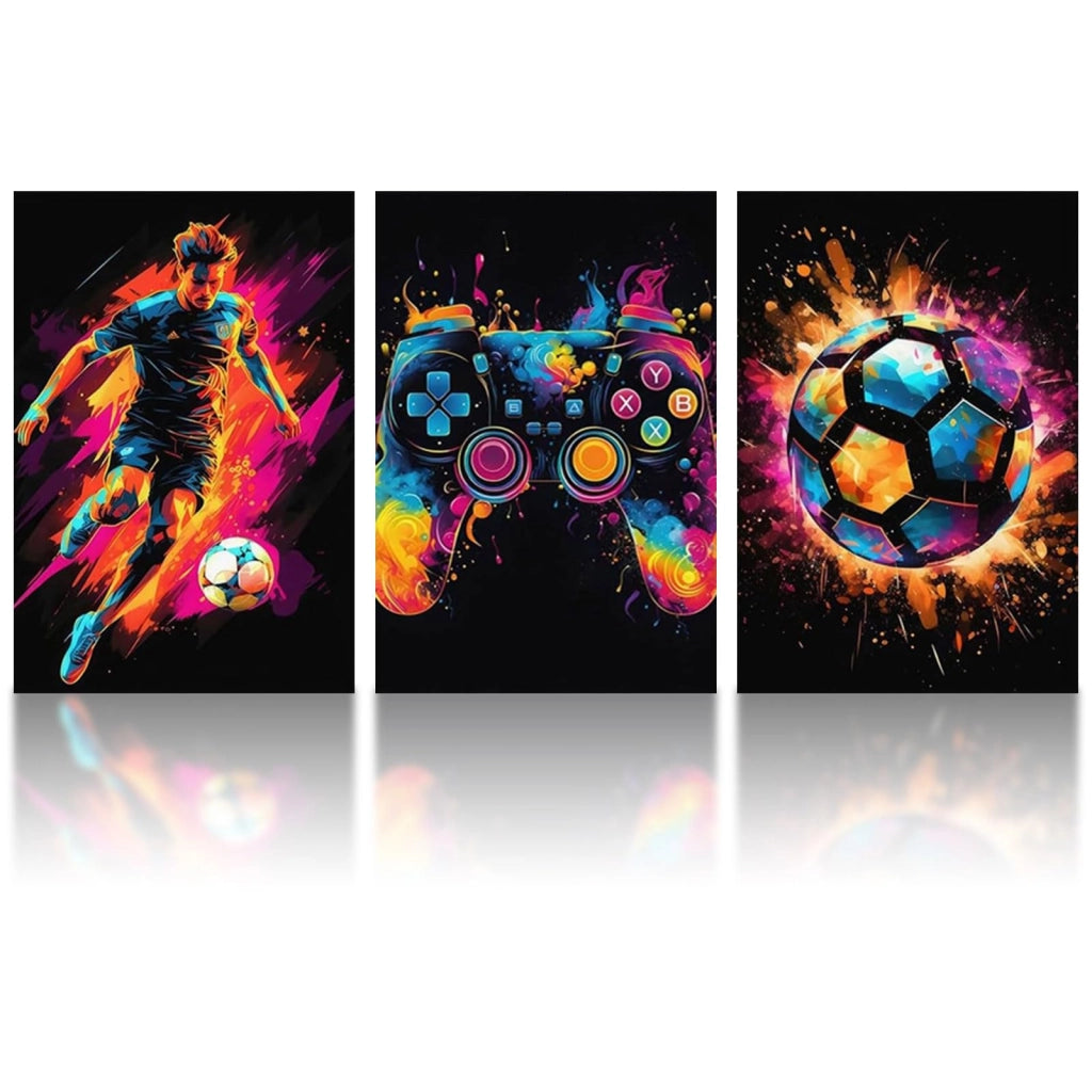 3 stampe su tela a tema gaming, con immagini di calcio e controller, dimensioni 30x40 cm