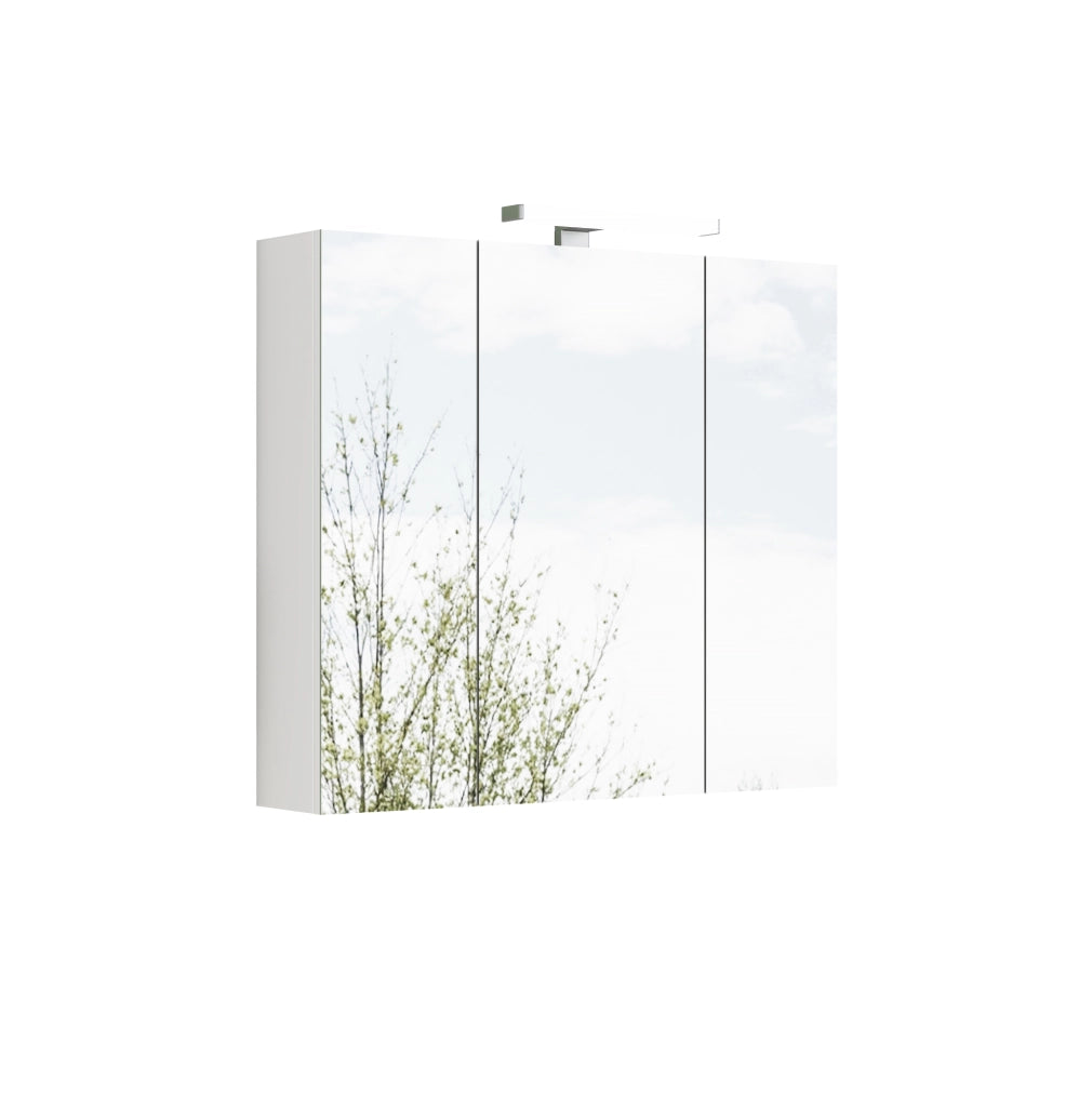 Mobile bagno bianco 80 cm con 3 ante, illuminazione LED, ripiani in vetro regolabili e presa francese integrata
