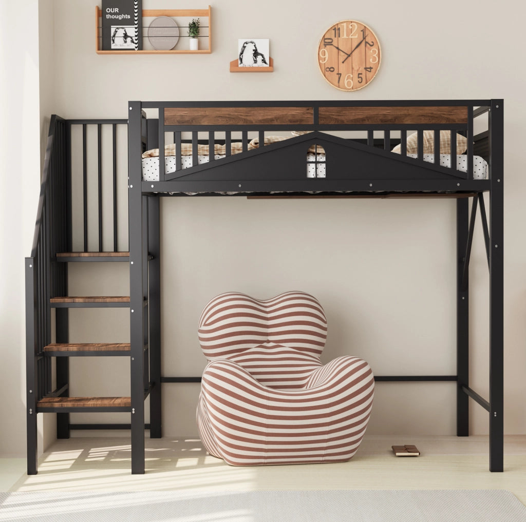 Letto a castello in metallo 90x200 cm con ringhiera di sicurezza e scaletta, nero