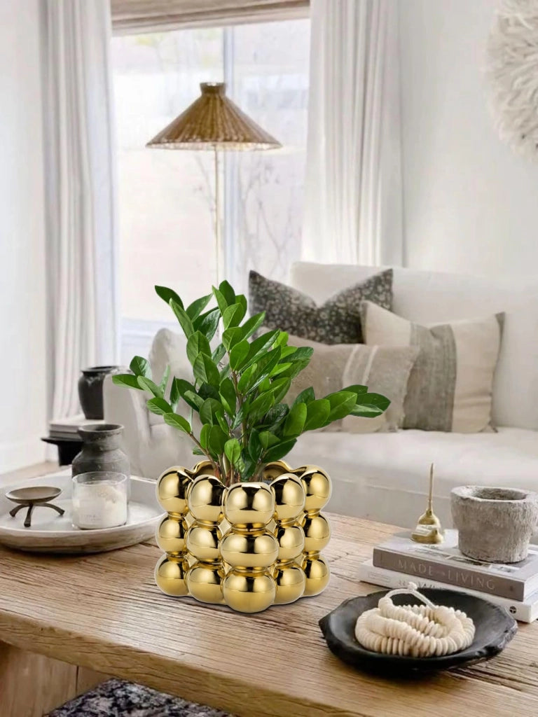 Vaso in Vetroceramica per piante, 13 cm, design a bolle, quadrato, color oro