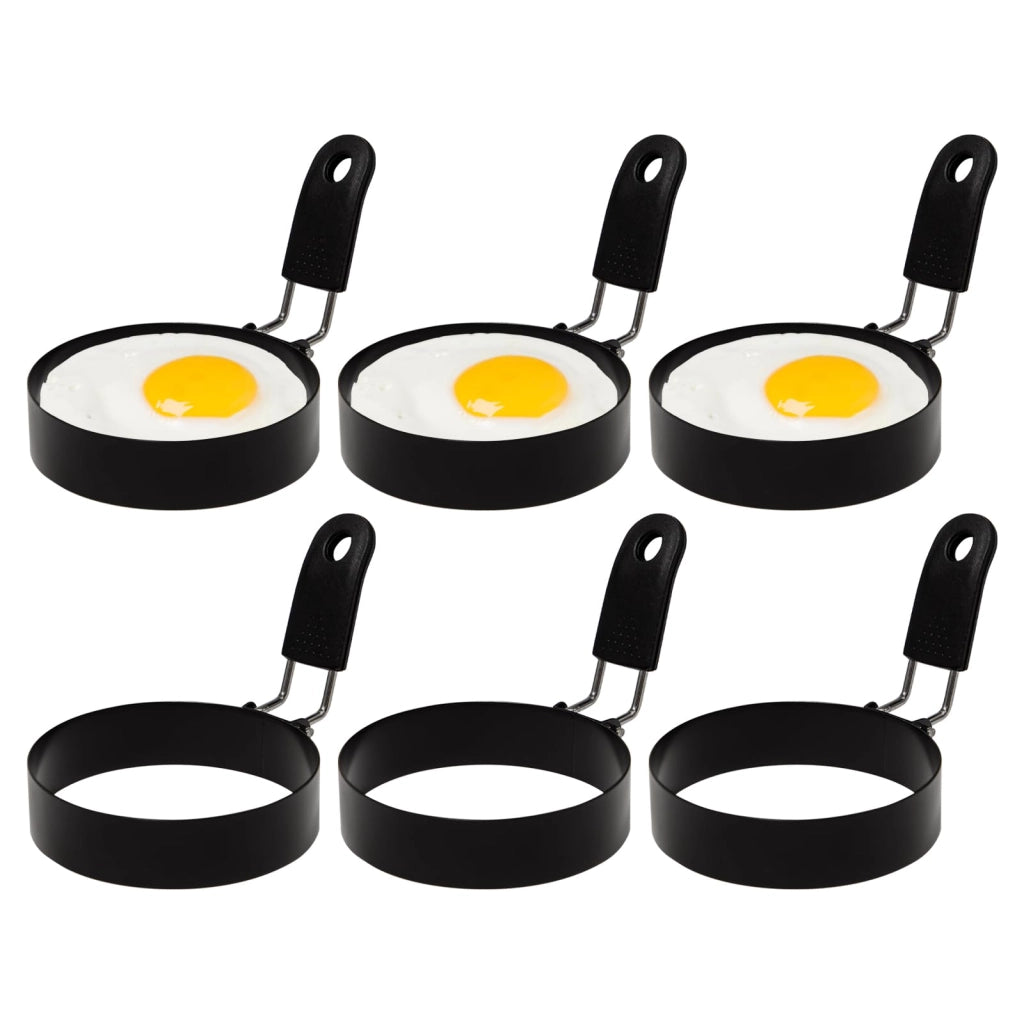 Anelli per uova da 8 cm, forme per uova all'occhio di bue con maniglie pieghevoli resistenti al calore, 6 pezzi, in acciaio inossidabile con rivestimento antiaderente, nero
