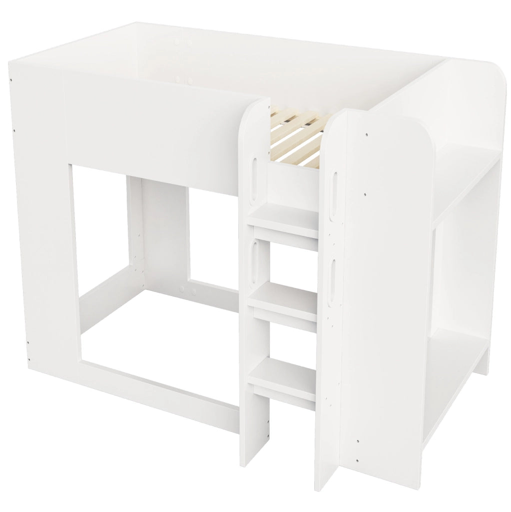 Letto a castello 90x200 cm in compensato e MDF bianco con ripiani laterali