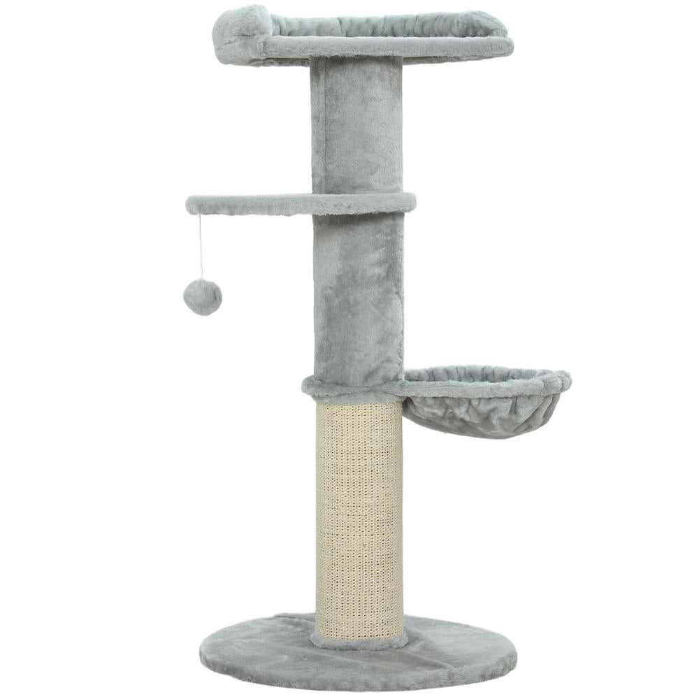 Albero tiragraffi per gatti multilivello in sisal e peluche con cuccia e pallina grigio chiaro robusto per casa