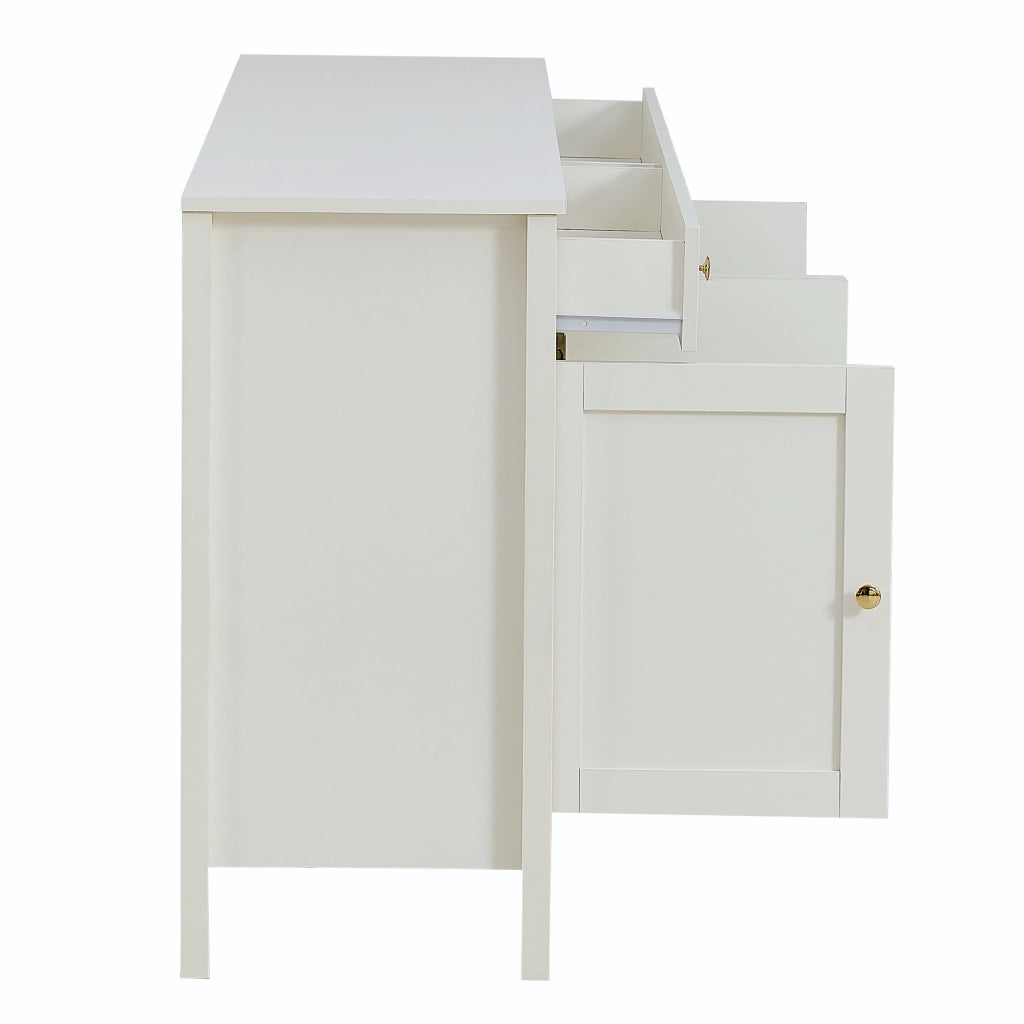 Credenza 160 × 40 × 82 cm con 2 cassetti e 4 ante in MDF bianco con maniglie dorate e ripiani regolabili