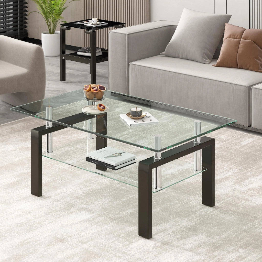 Tavolino da salotto 100 × 60 × 44 cm a due ripiani in vetro temperato trasparente e metallo dal design moderno