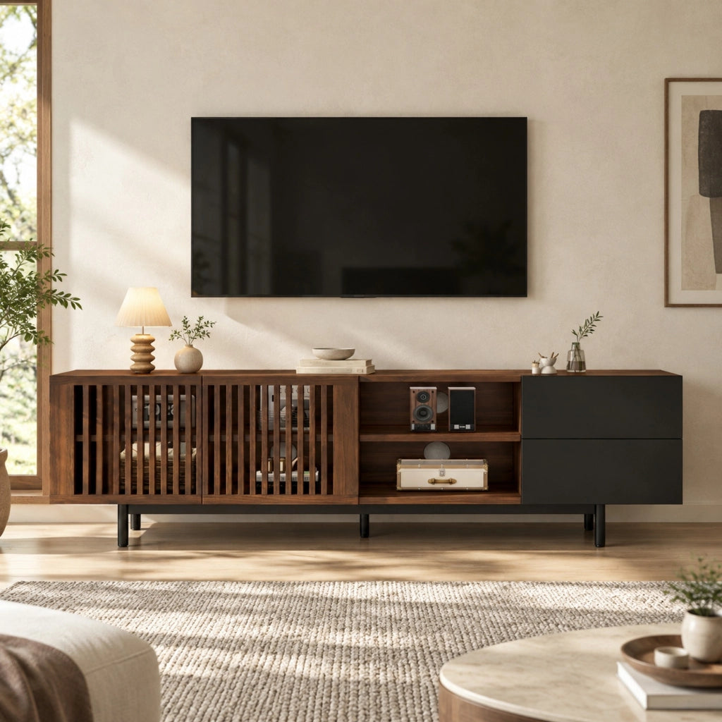 Mobile porta televisore 160 cm in MDF, finitura noce e nera