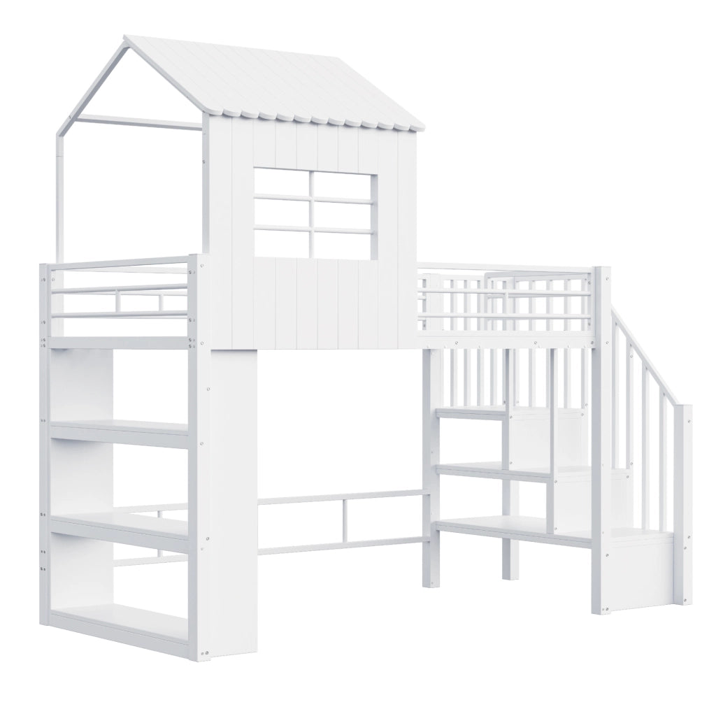 Letti a soppalco per bambini 90x200 cm; con scala contenitore reversibile e scaffale; in MDF e metallo; bianco; senza materasso
