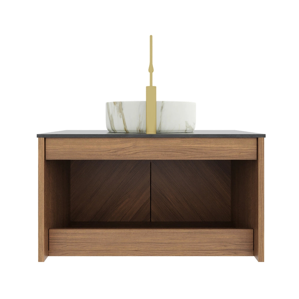 Mobile bagno sospeso 76 cm con lavabo in ceramica rotondo bianco effetto pietra e piano in pietra sinterizzata nera, armadietto in compensato con finitura rovere marrone