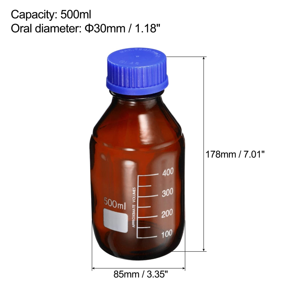 Flacone per reagenti da 500 ml, ambrato, in vetro, con tappo a vite blu