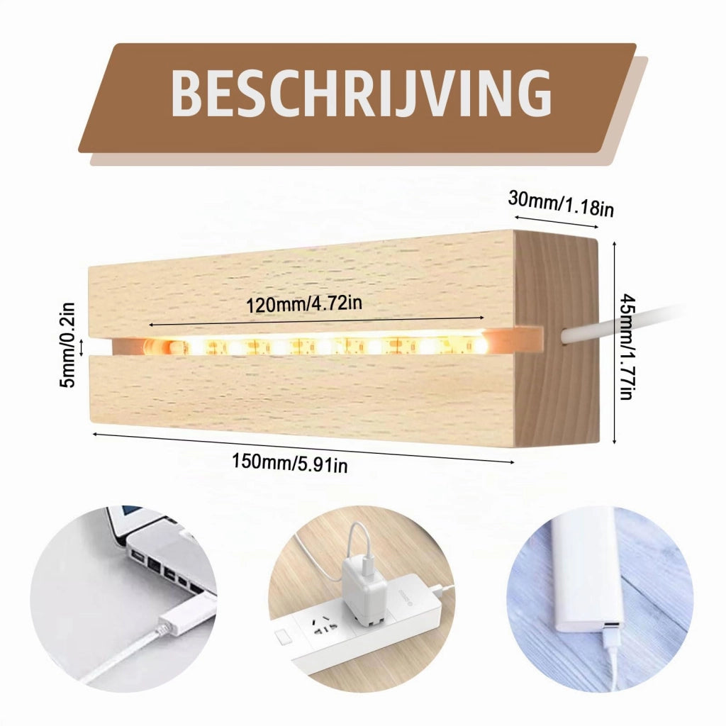 Base in legno con illuminazione a LED, dimensioni 150x45x30 mm, luce calda, confezione da 2 pezzi