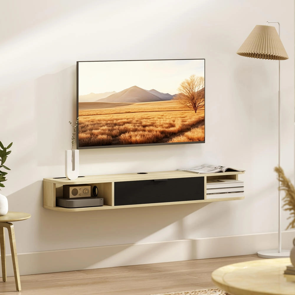 Mobile TV sospeso a parete nero per TV fino a 50 pollici, mobile porta TV salvaspazio con cassetto a ribalta e 2 ripiani, 120x24x16cm