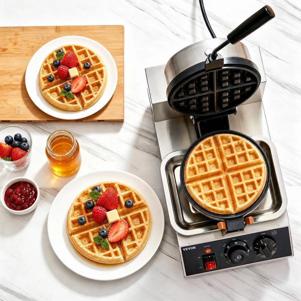 Macchina per Waffle Belga UWF-2205 in Acciaio Inox 1300W Piastra Antiaderente Rotonda 190,5 mm Regolabile 50-300 ℃ per Casa