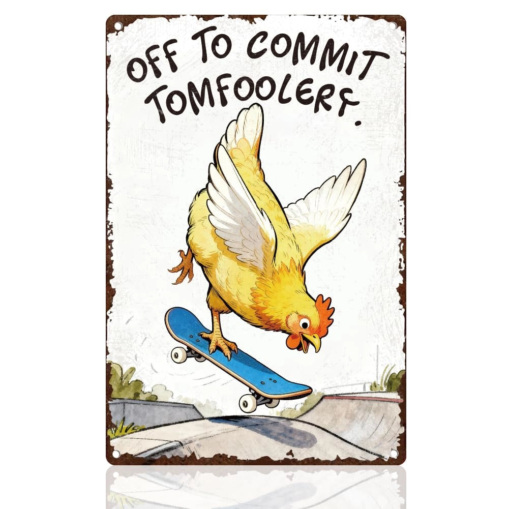 Pannello decorativo in metallo a forma di gallina che fa skateboard, dimensioni 20x30 cm, stile retrò