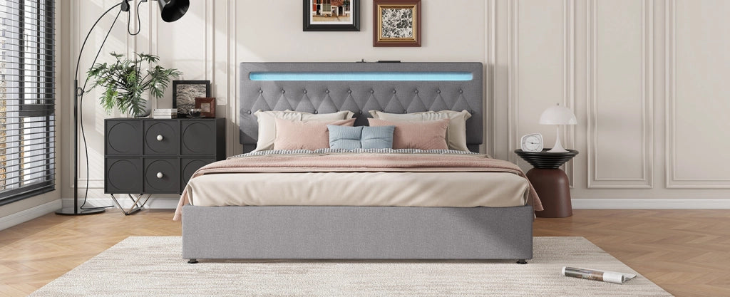 Letto 180x200 cm imbottito con sollevamento idraulico, luci LED multicolore e porta USB grigio