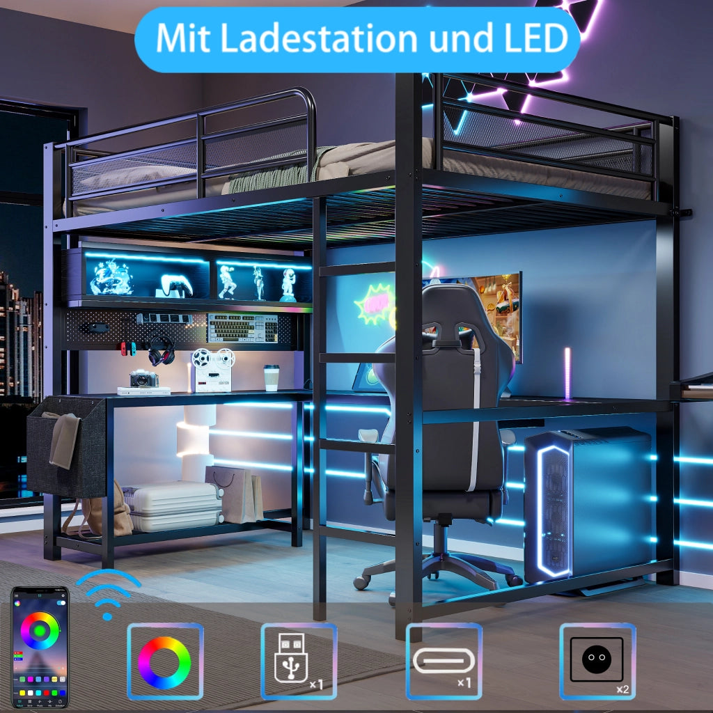 Letto a soppalco 140 × 200 cm con scrivania illuminazione led ricarica mdf e metallo nero