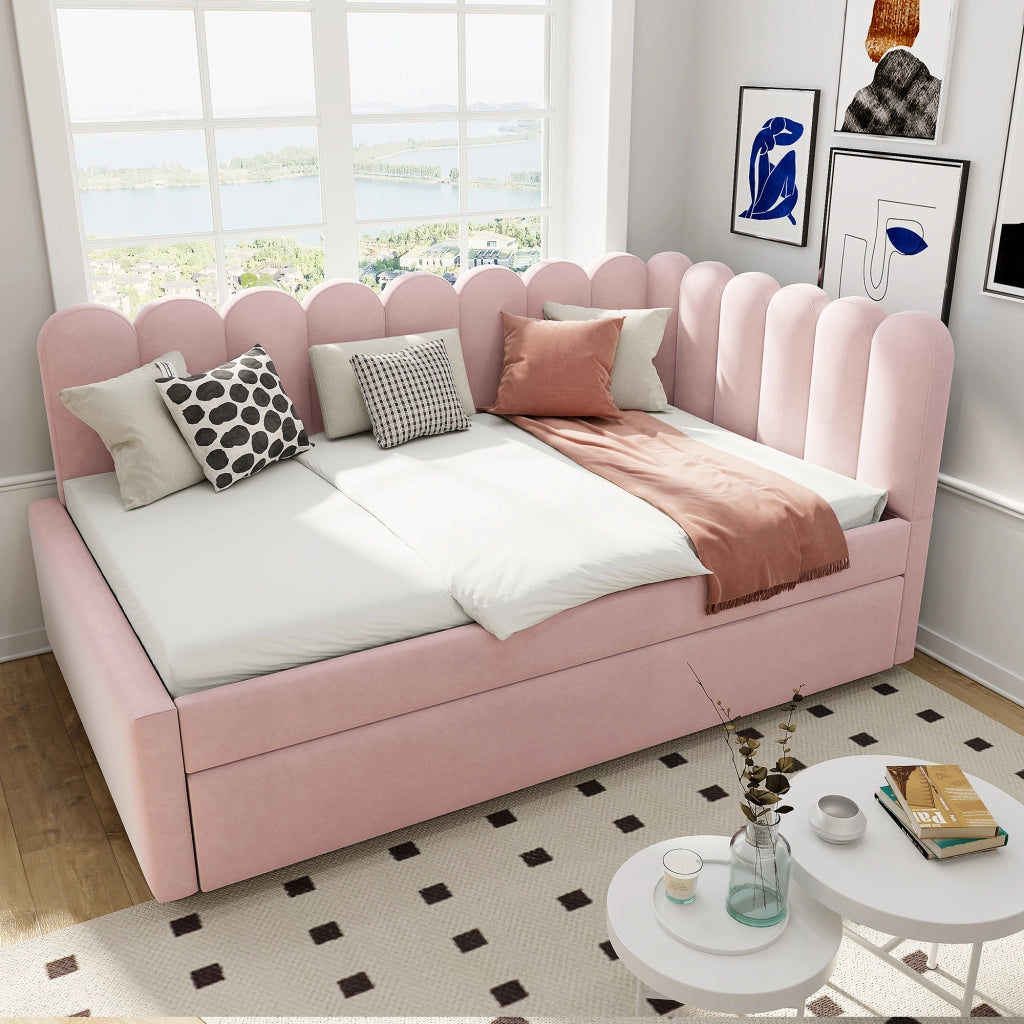 Letto estraibile imbottito a L 140 × 200 cm in velluto rosa con schienale a forma di petalo e rete a doghe