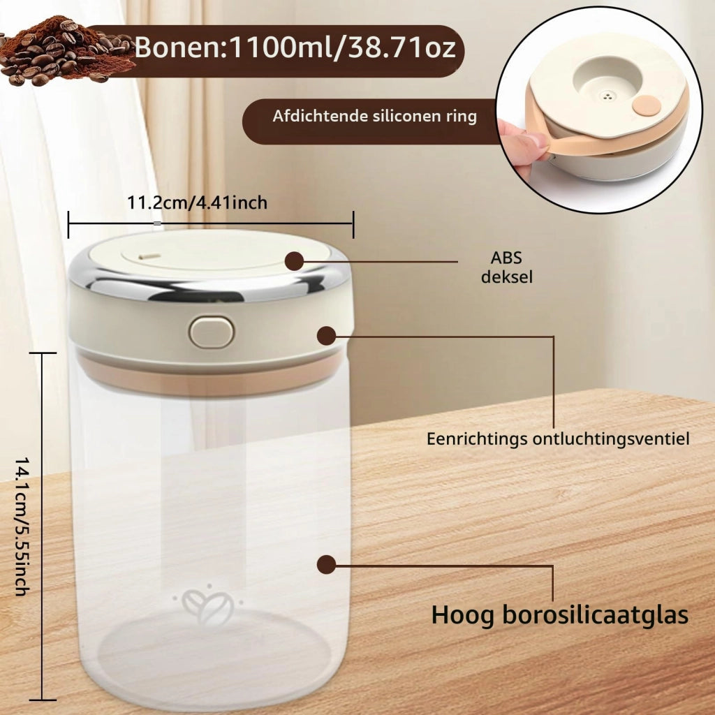 Contenitore per caffè sottovuoto, in vetro, da 1,1 litri, ermetico con valvola
