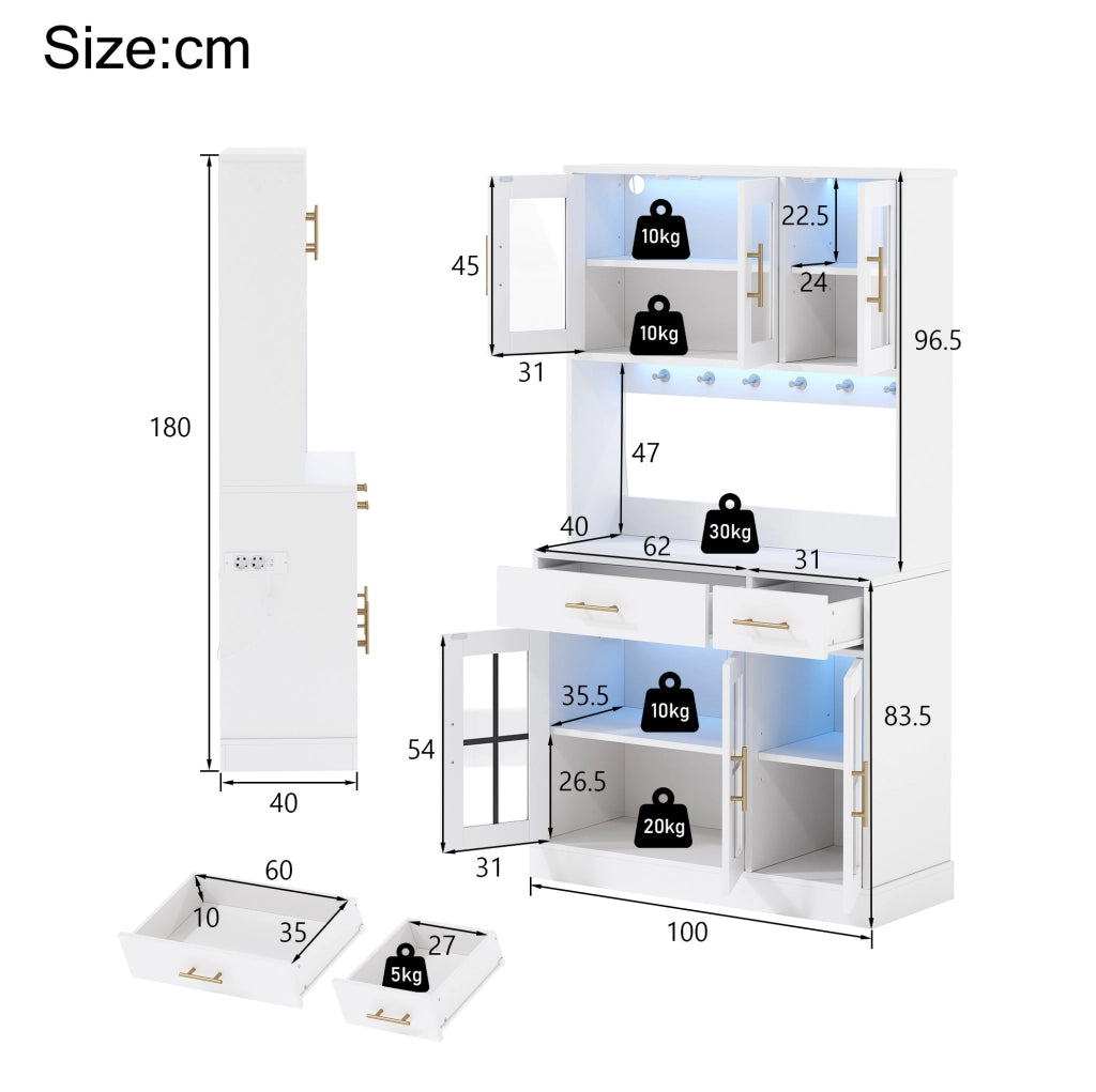 Credenza da cucina con 6 ante; 2 cassetti e LED controllati da app; bianca