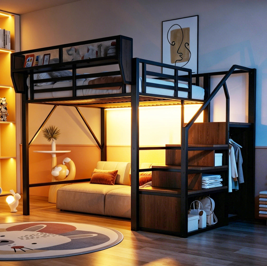Letto a soppalco 140 × 200 cm con LED multicolore; scala e ripiano regolabile; metallo nero