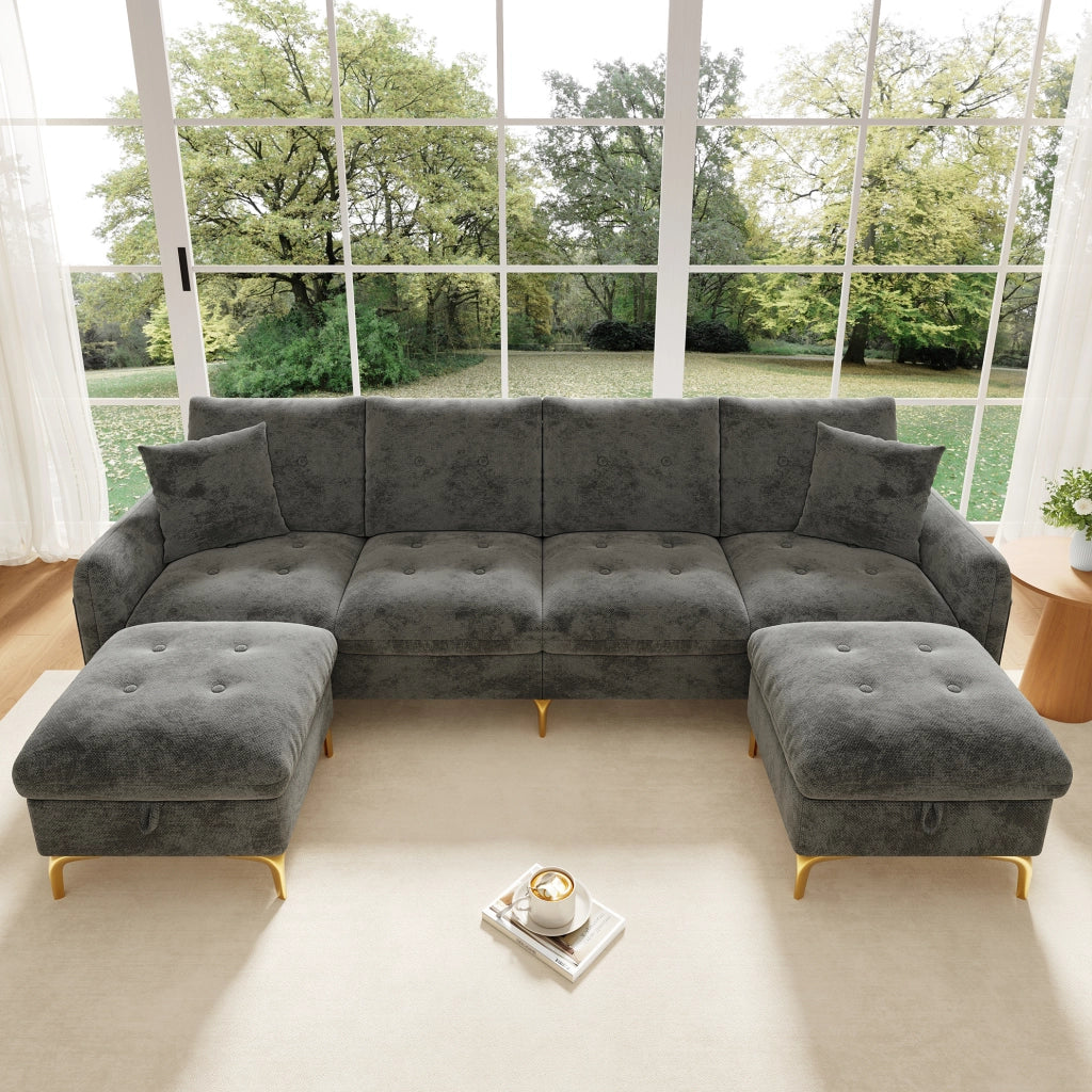 Divano modulare grigio in ciniglia con 2 pouf contenitore