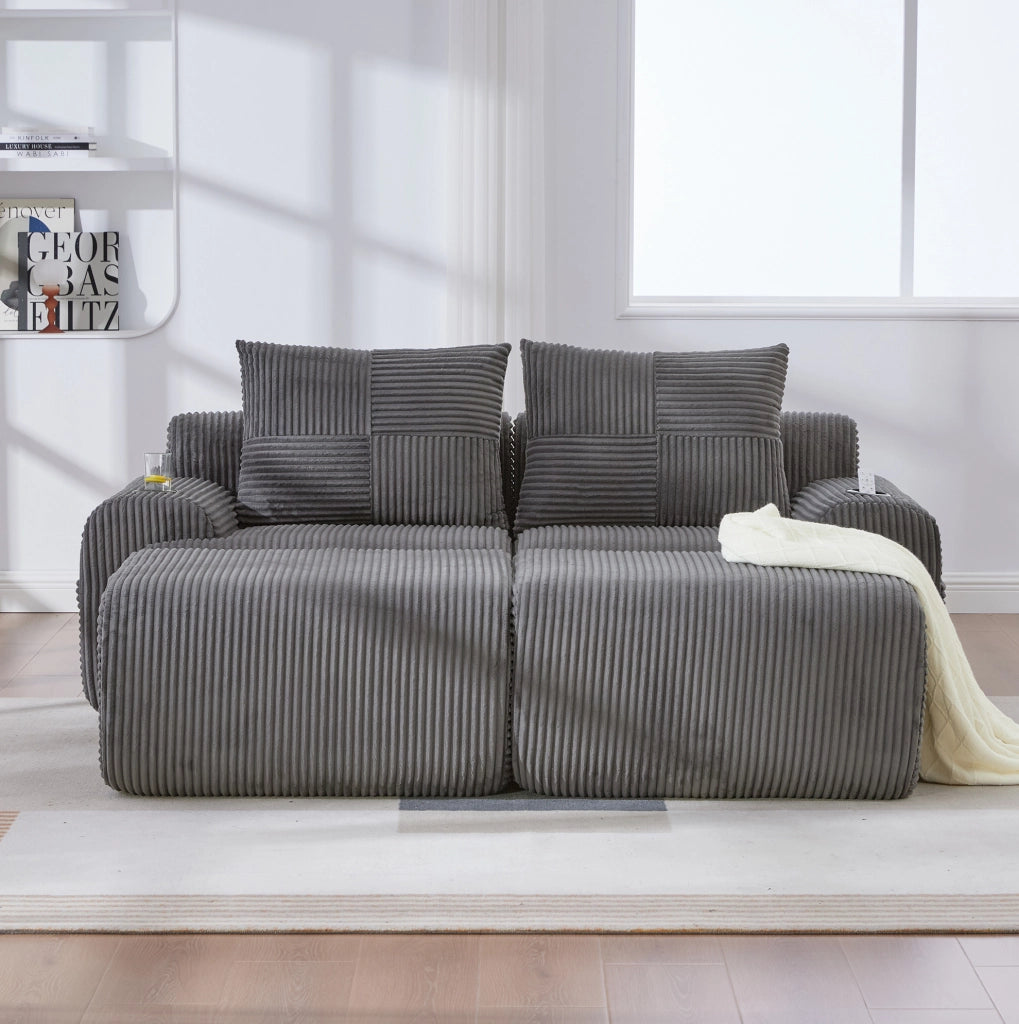 Divano modulare 2 posti IVMEU 200x174x80 cm in velluto a coste grigio scuro, con portabicchieri e tasca laterale