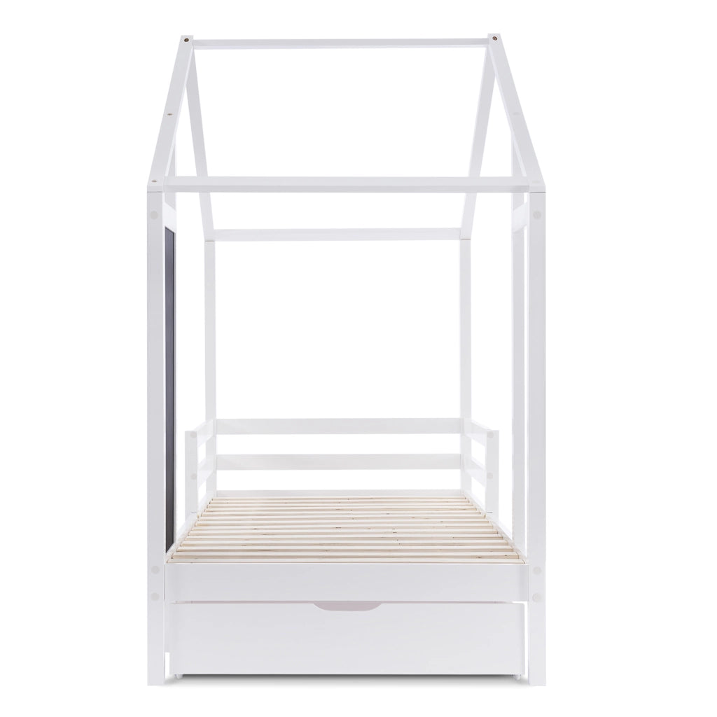 Letto per bambini a casetta 90 × 200 cm con rete a doghe due cassetti lavagna in legno bianco