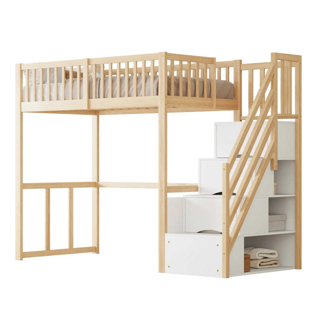 Letto a soppalco 90x200 cm in legno di pino con scala contenitore; parapetti e spazio sottostante