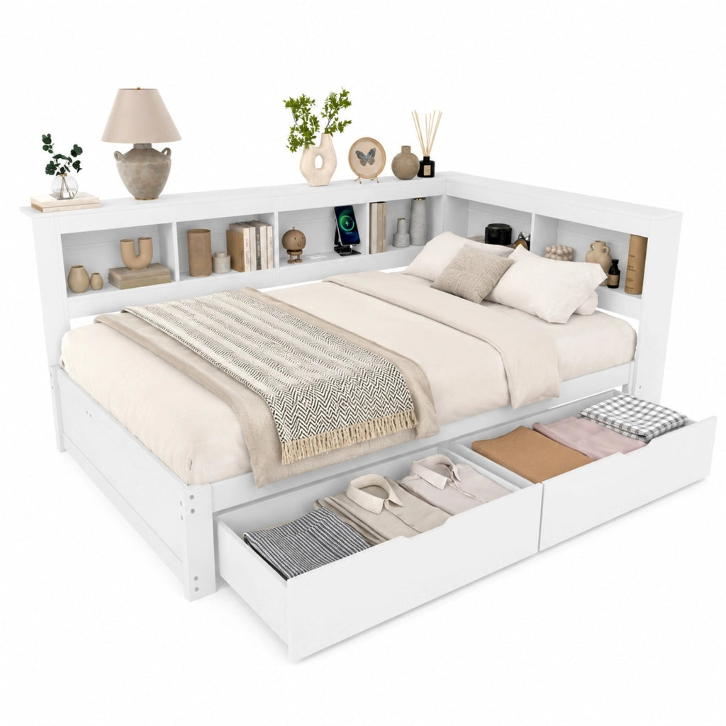 Struttura letto a divano 140 × 200 cm con due cassetti presa e due USB in legno bianco con rete a doghe