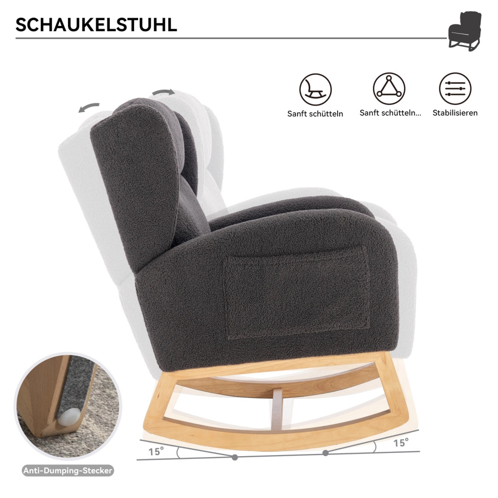 Poltrona a dondolo 96;5x71x101 cm con tasche sui braccioli; rivestimento teddy grigio scuro