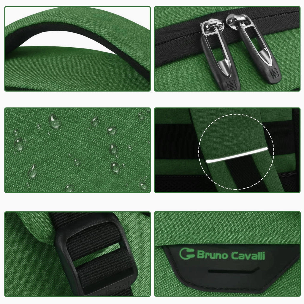 Zaino portatile verde con presa USB e tasca antifurto
