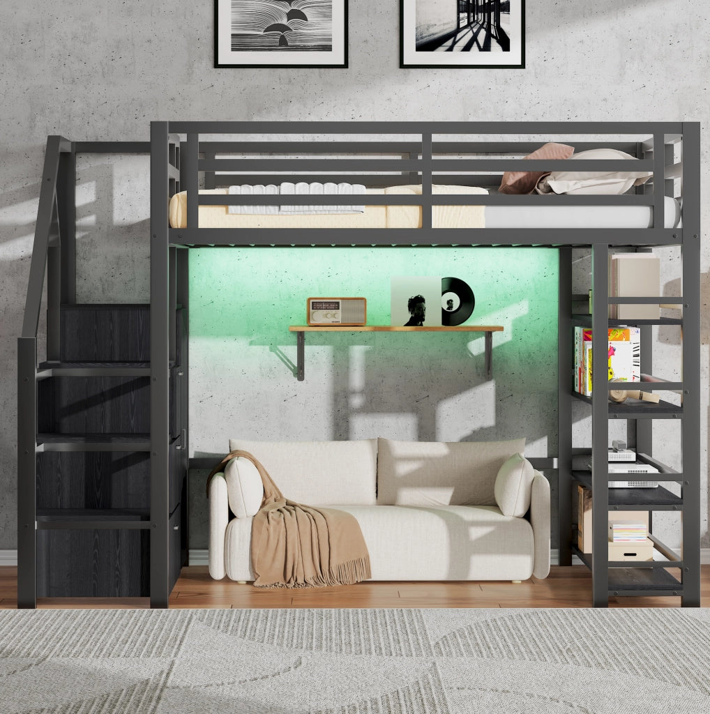 Letto a castello in metallo 140x200 con armadio integrato, ripiani, illuminazione LED e scala contenitore, nero