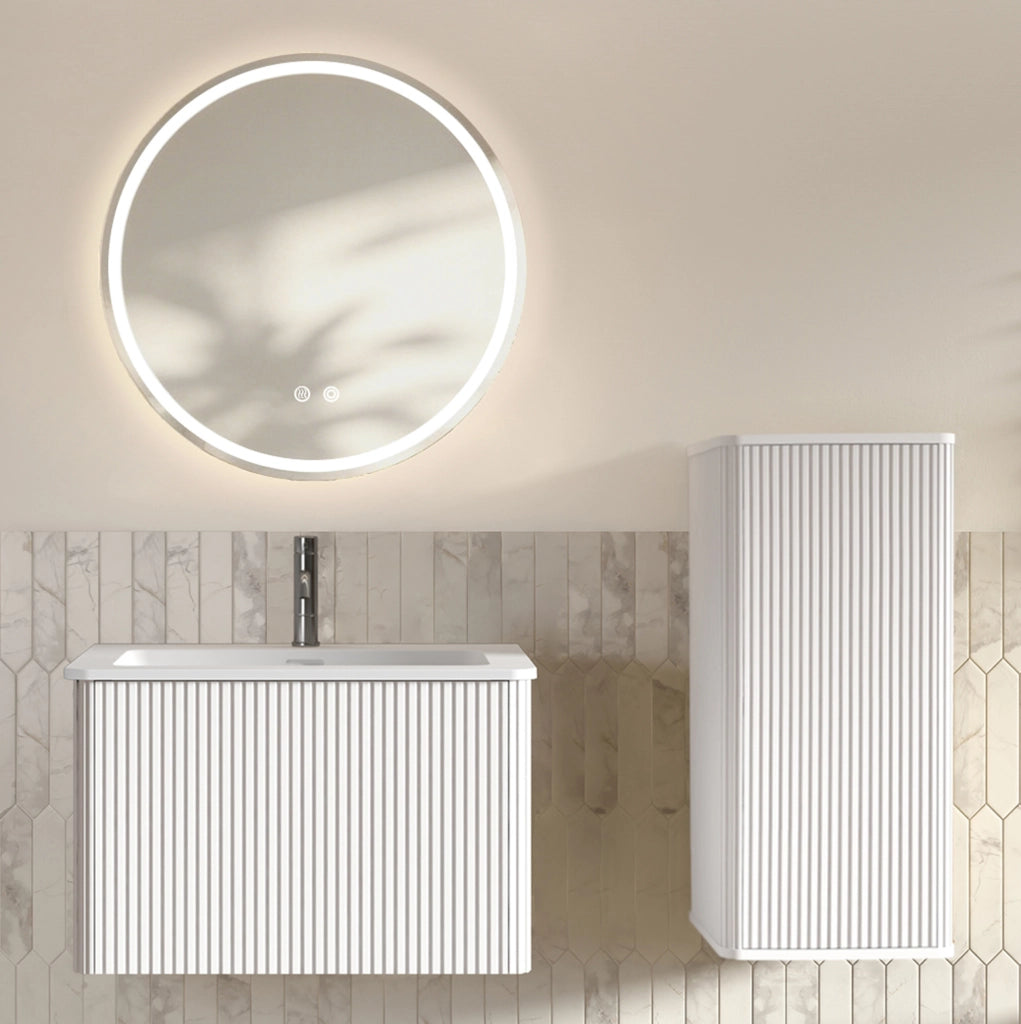 Mobile bagno 60 cm bianco con lavabo e specchio LED rotondo, sospeso
