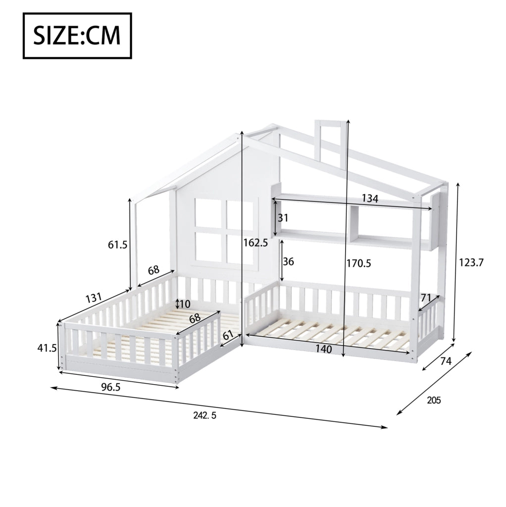 Letto a casetta per bambini 90x200 cm con mensole, sponde di sicurezza e rete, bianco