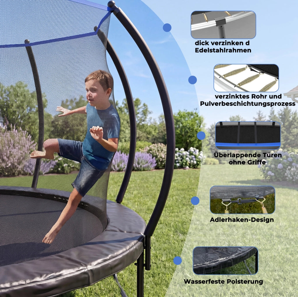 Trampolino rotondo 305 cm in acciaio nero e blu, rete di sicurezza, scala, da giardino