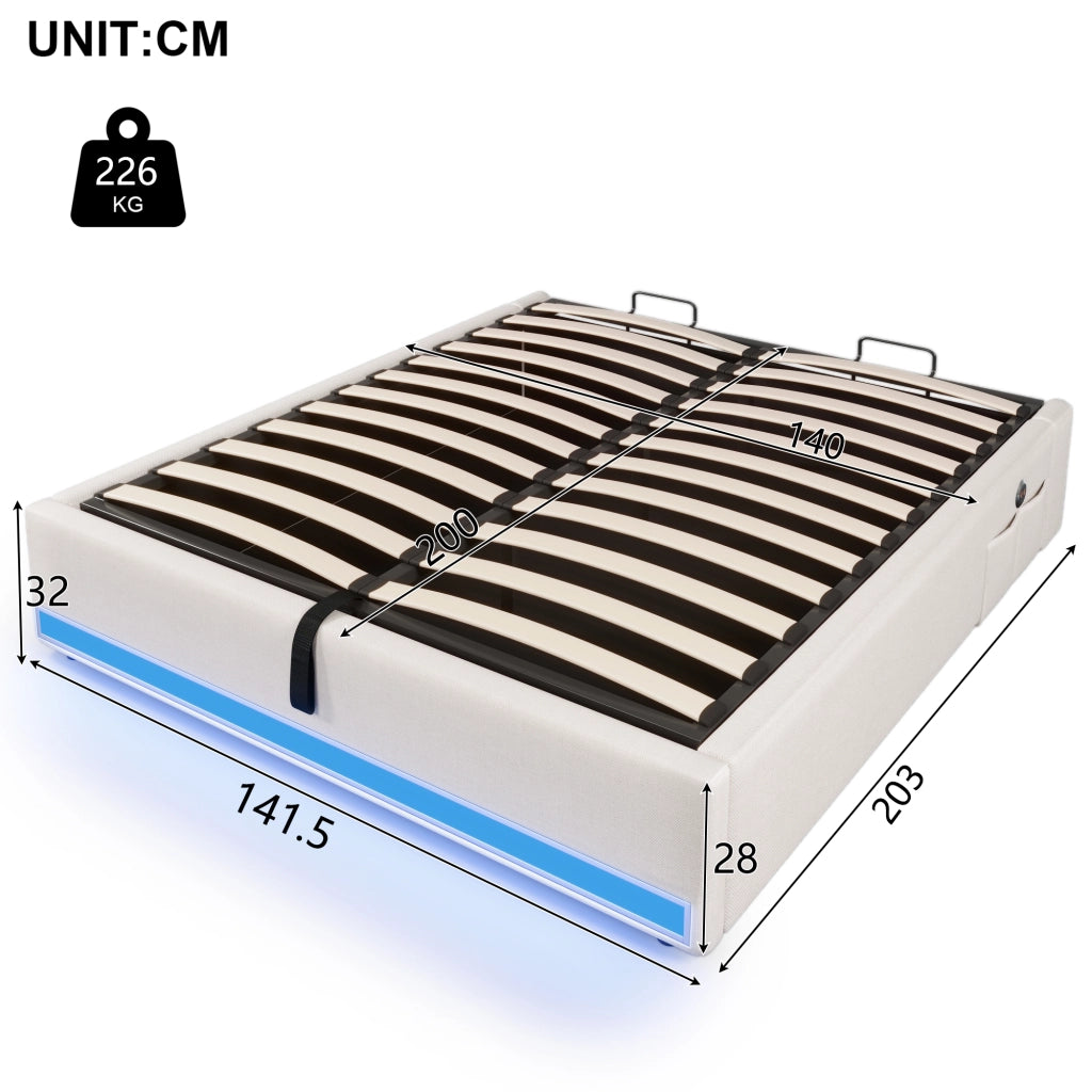 Letto contenitore 90 ¡Á 200 cm con sollevamento idraulico LED USB e Type-C tasche laterali in lino e MDF beige