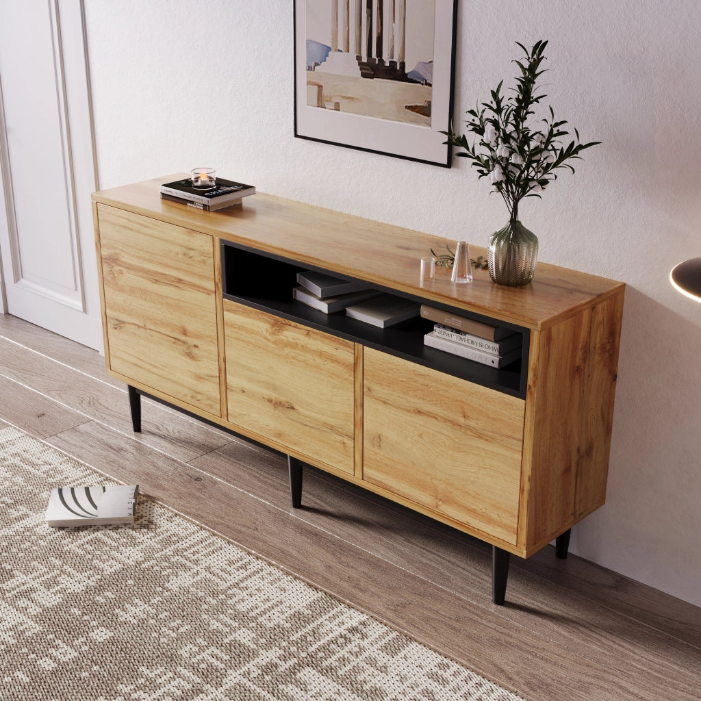 Credenza 160 × 35 × 76 cm con tre ante e ripiani regolabili in MDF e pannello truciolare legno naturale e nero