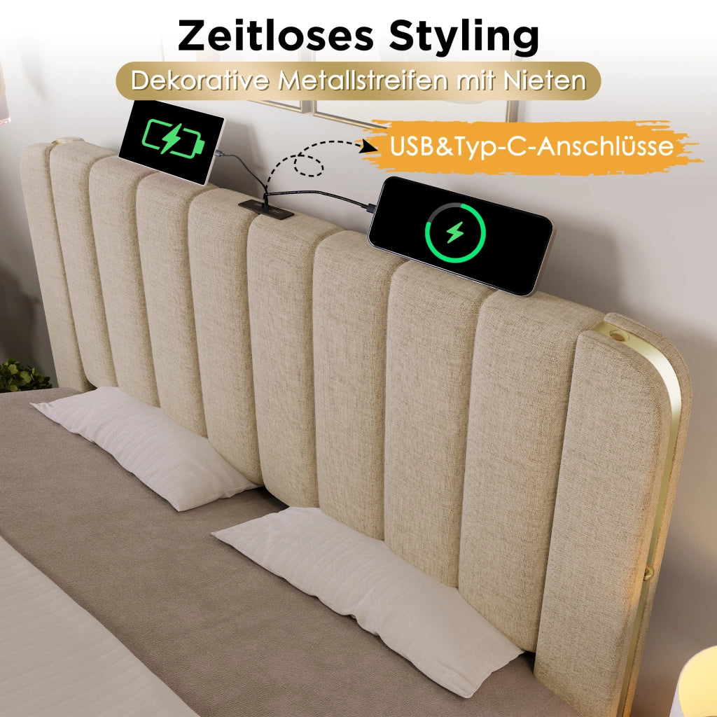 Letto matrimoniale con testiera imbottita USB e Type-C 180 × 200 cm in lino beige con quattro cassetti