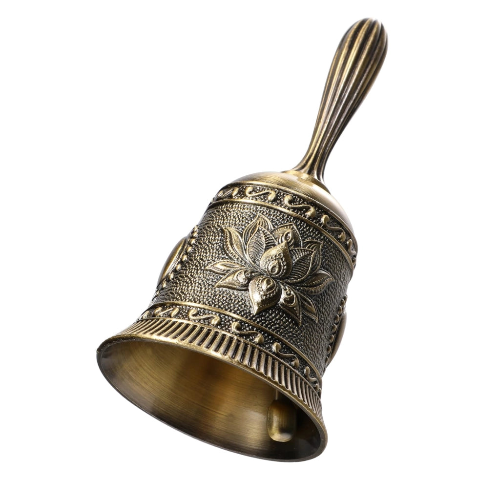 Campanella da mano in ottone con motivo a fiore di loto, 11 cm, lucidata, stile vintage