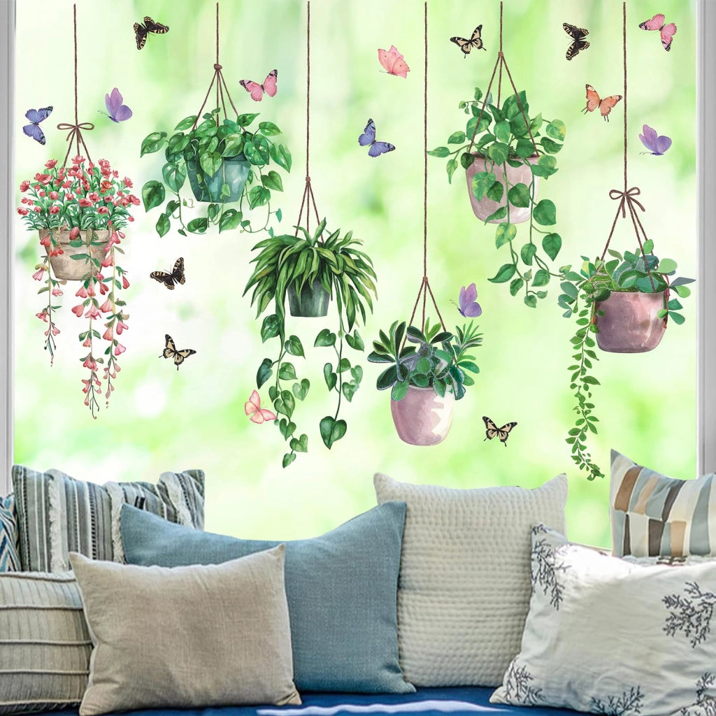Adesivi per finestre a tema piante, botanici, con vasi e farfalle, in PVC