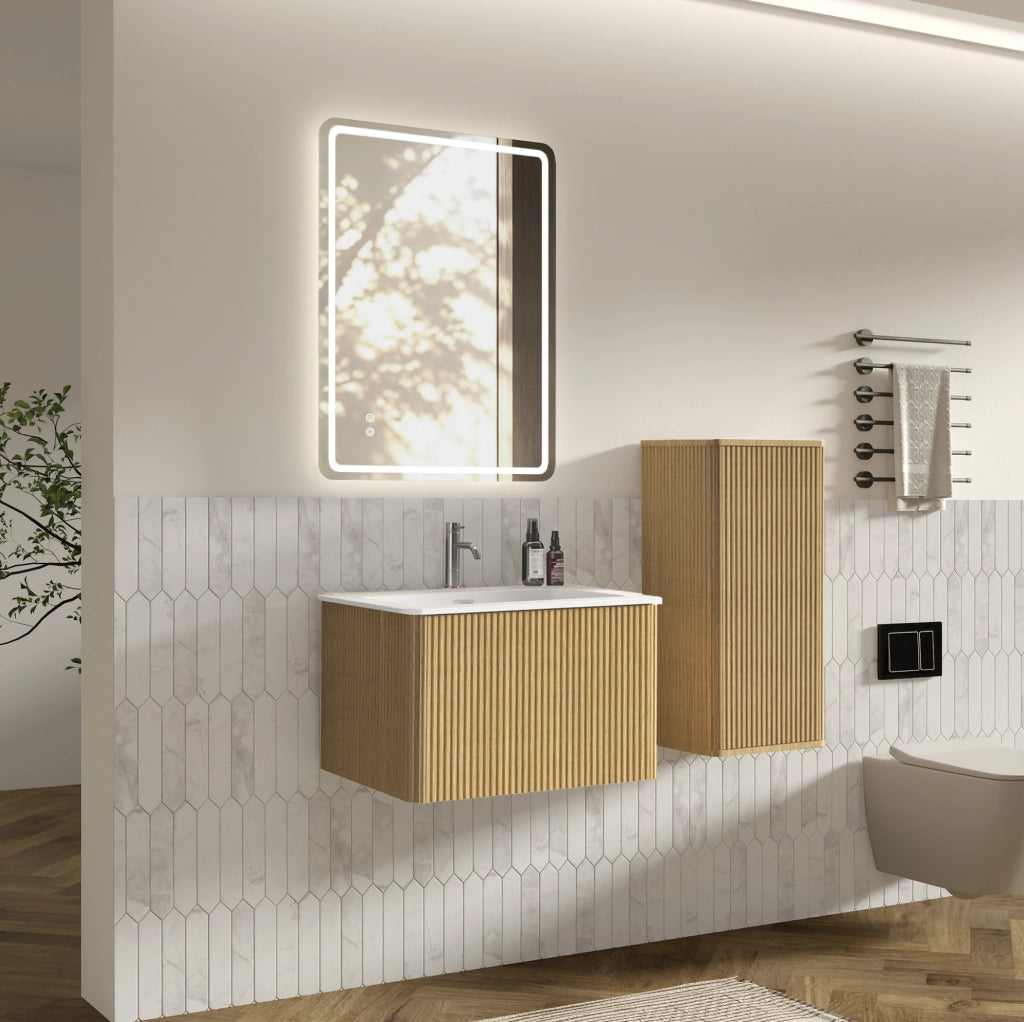 Mobile bagno 60 cm con specchio LED, lavabo e colonna, finitura quercia