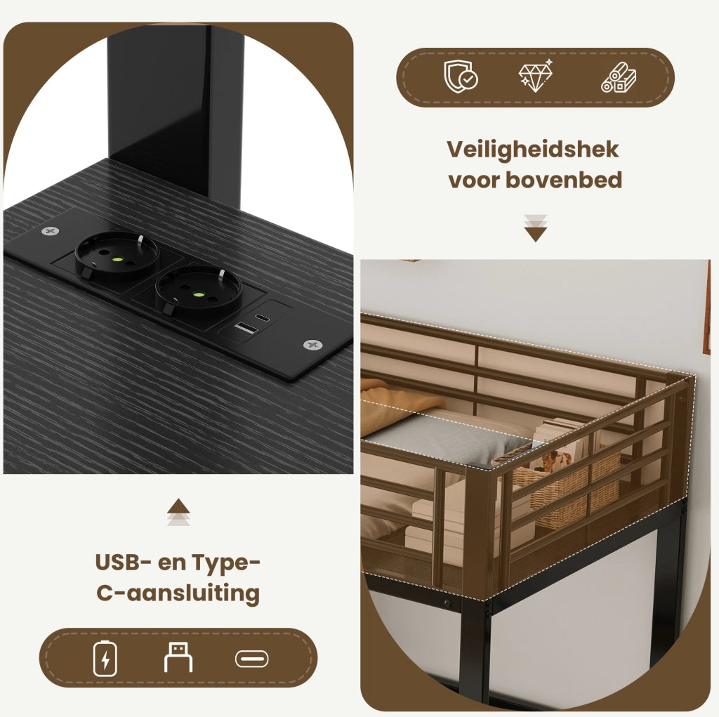 Letto a Castello Matrimoniale 90x200 cm con Scrivania e Porte USB Nero in Ferro e MDF