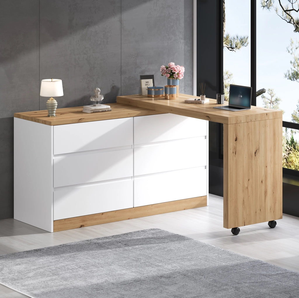 Scrivania girevole 120x50 cm con 6 cassetti e ruote bloccabili in truciolare rovere e bianco