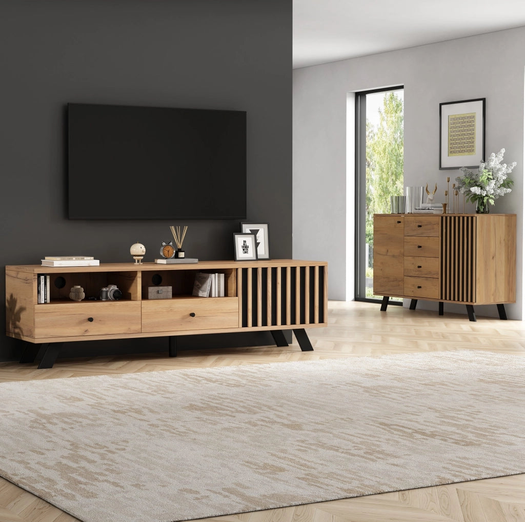 Set credenza e mobile TV; 120 × 38 × 75 cm e 150 × 38 × 44 cm; naturale e nero